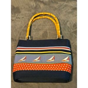 Nautical Canvas Sailboat Handbag with Bamboo Handles Navy Blue Striped Polka Dot